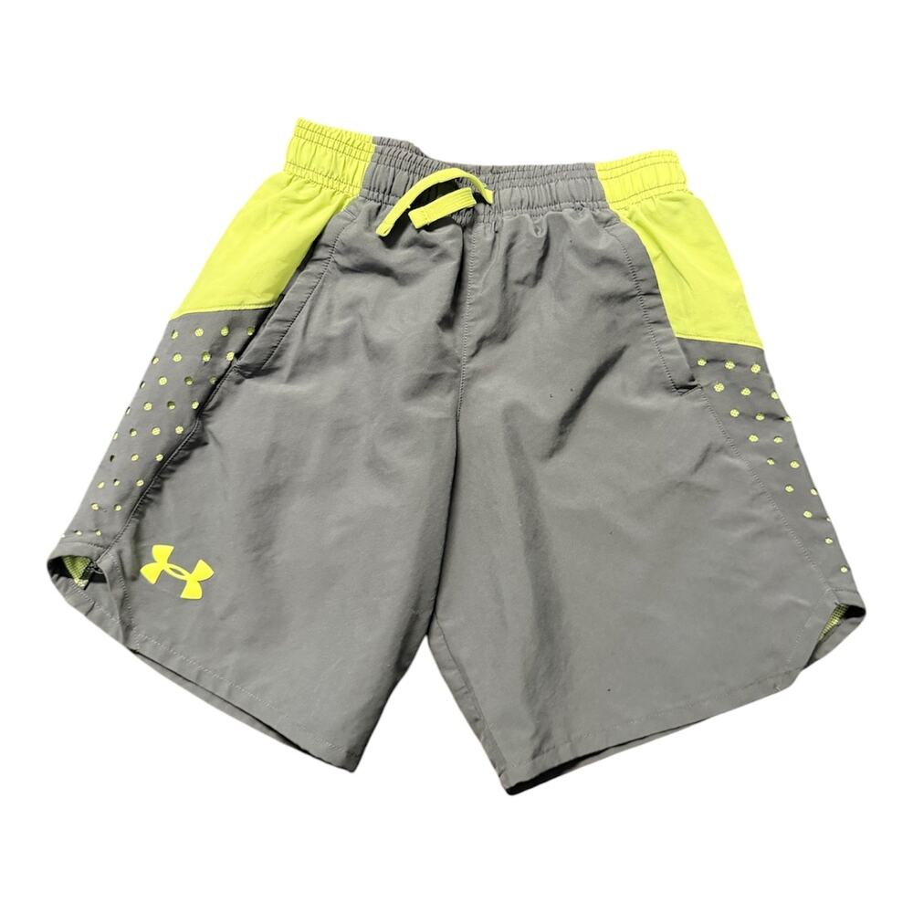 Under Armour Boys Shorts Gray Neon Yellow Athletic Drawstring Youth sz Medium M
